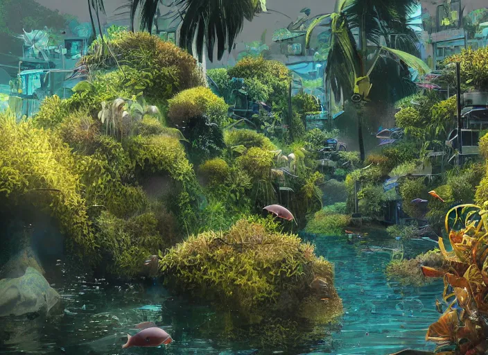 Image similar to overgrown foliage overtaking favela, underwater environment, scenery, professional, award - winning, trending on artstation, detailed, realistic, beautiful, emotional, shiny, golden, picture