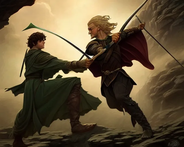 Image similar to frodo fighting legolas, deep focus, d & d, fantasy, intricate, elegant, highly detailed, digital painting, artstation, concept art, matte, sharp focus, illustration, hearthstone, art by artgerm and greg rutkowski and alphonse mucha