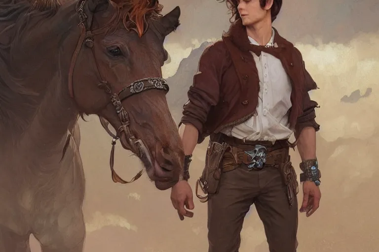 Prompt: handsome boy with brown hair, western, D&D, fantasy, intricate, elegant, highly detailed, digital painting, artstation, concept art, matte, sharp focus, illustration, art by Artgerm and Greg Rutkowski and Alphonse Mucha