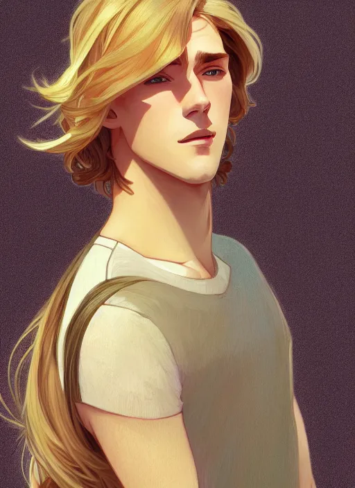 Image similar to pretty young man with shoulder length shiny shimmering golden blond hair, half body shot, path traced, highly detailed, high quality, digital painting, by studio ghibli and alphonse mucha, leesha hannigan, hidari, disney