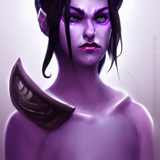 Image similar to a portrait of a tiefling with purple skin and black hair, black horns, blue eyes stunning digital painting trending on artstation