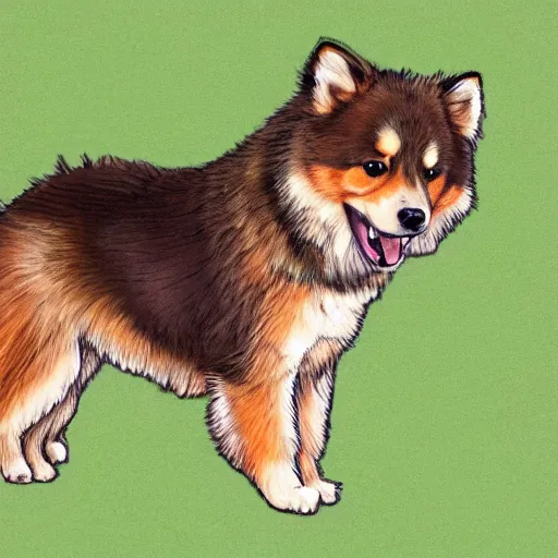 Prompt: excited brown and tan domino finnish lapphund, studio ghibli art style