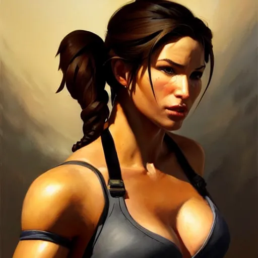 Image similar to Greg Manchess portrait painting of Lara Croft as Overwatch character, medium shot, asymmetrical, profile picture, Organic Painting, sunny day, Matte Painting, bold shapes, hard edges, street art, trending on artstation, by Huang Guangjian and Gil Elvgren and Sachin Teng