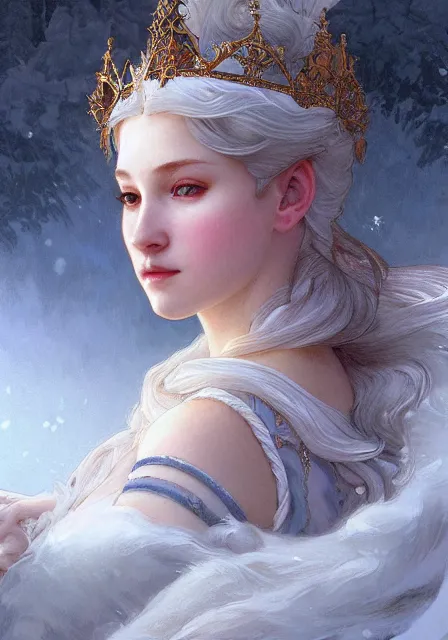 Image similar to snow queen, intricate, elegant, highly detailed, digital painting, artstation, concept art, smooth, sharp focus, illustration, art by artgerm and greg rutkowski and alphonse mucha and william - adolphe bouguereau