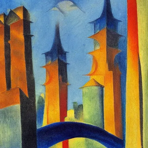 Prompt: A beautiful drawing of a cityscape with tall spires and delicate bridges. Dreamworks, 1930s by August Macke soothing, kaleidoscopic