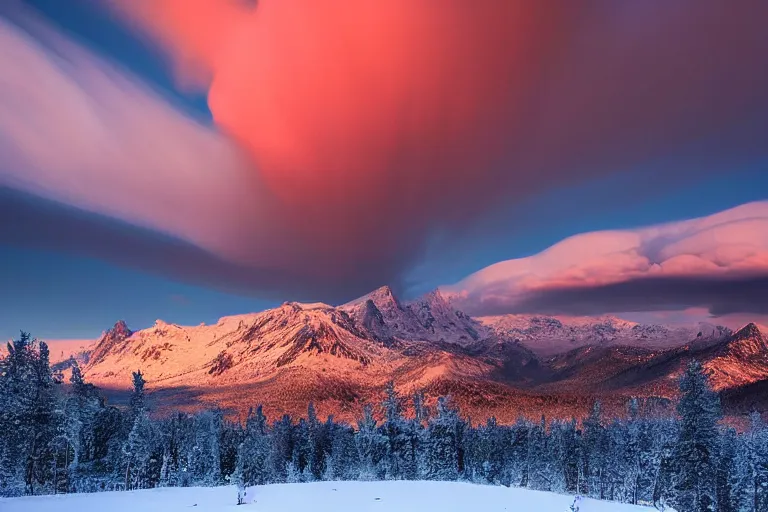 Prompt: amazing landscape photo of nuclear fallout in snowy mountains at sunset by marc adamus beautiful dramatic lighting