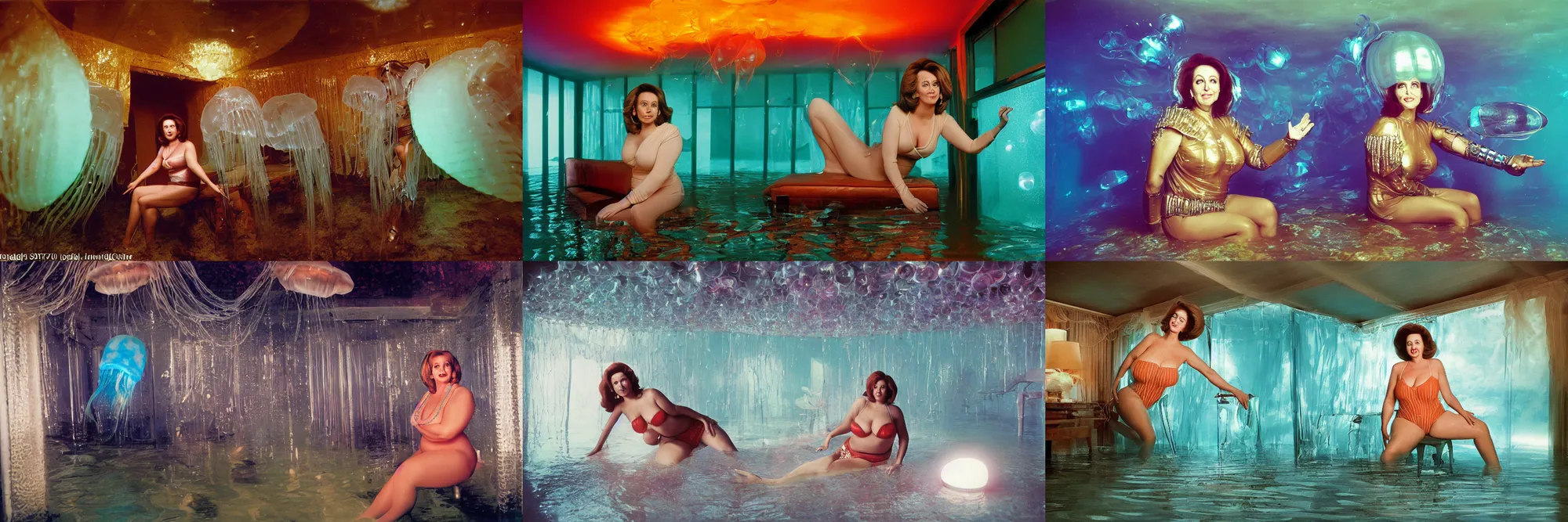 Prompt: glamour photography upper body portrait of voluptuous Nancy Pelosi as a jellyfish human hybrid wearing roman armor, sitting inside of a partially flooded 1970s luxury bungalow cabin with infinity mirror walls, suspended soviet computer console on ceiling, ektachrome color photograph, volumetric lighting, off-camera flash, 14mm wide angle lens f8 aperture