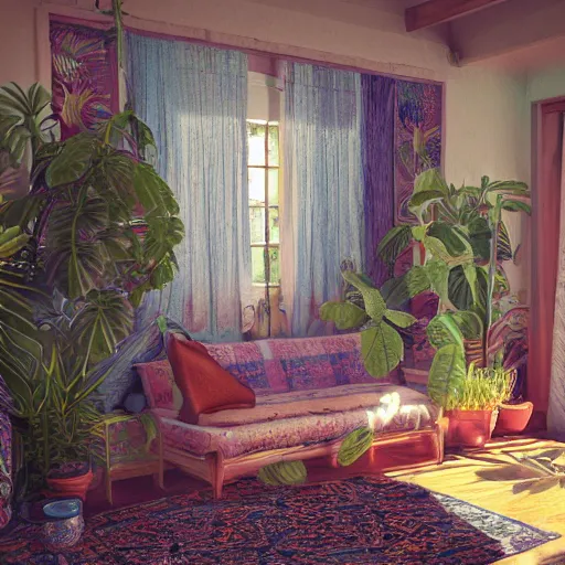 Image similar to 1 9 6 9 living in an older house, hippie pad, hippie chic, antiques, tropical houseplants, beaded curtains, posters on the walls, persian rugs, artstation, octane, 8 k, mildly desaturated.