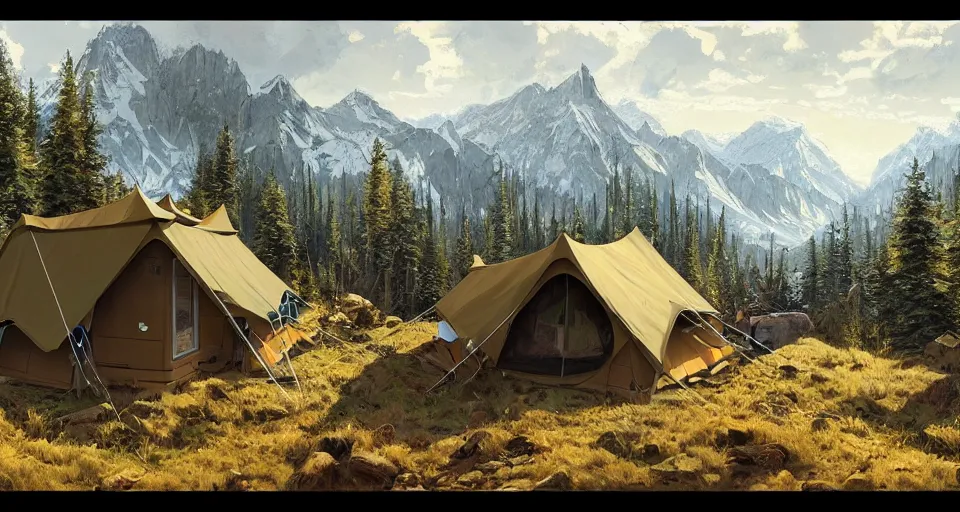 Image similar to cabela's beautiful comfortable carbon framed, modular insulated wall portable container home kit - house all weather family dwelling tent house, person in foreground, mountainous forested wilderness open fields, beautiful views, painterly concept art, environmental concept art, concept art illustration, by james gurney, by craig mullins, by greg rutkowski trending on artstation