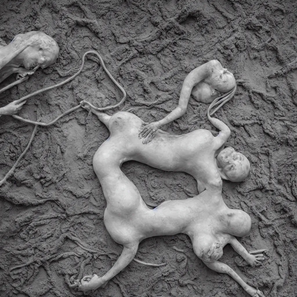 Image similar to overhead view a woman's corpse connected by an umbilical cord to a baby buried under mud and oil spill, faded, depth of field,, ultra realistic, very detailed, by hans bellmer and nadav kander, 8 k hyper realistic detailed cinematic still