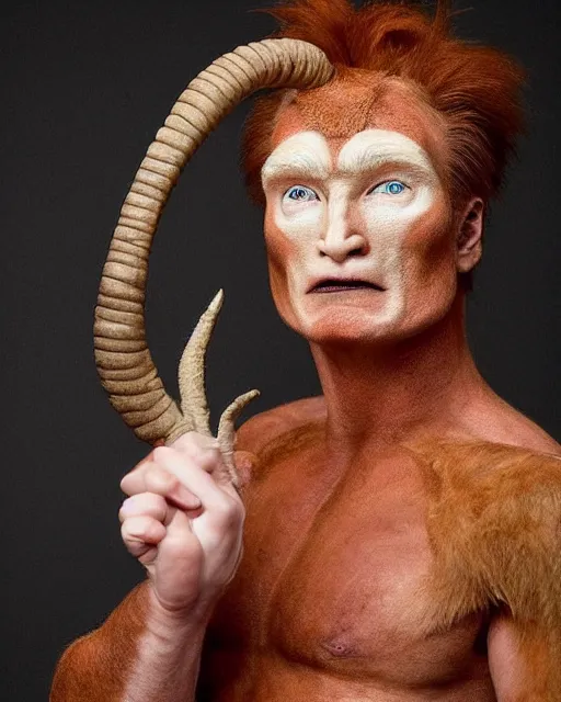 Image similar to actor Conan O’Brien in Elaborate Pan Satyr Goat Man Makeup and prosthetics designed by Rick Baker, Hyperreal, photos in the style of Annie Leibovitz