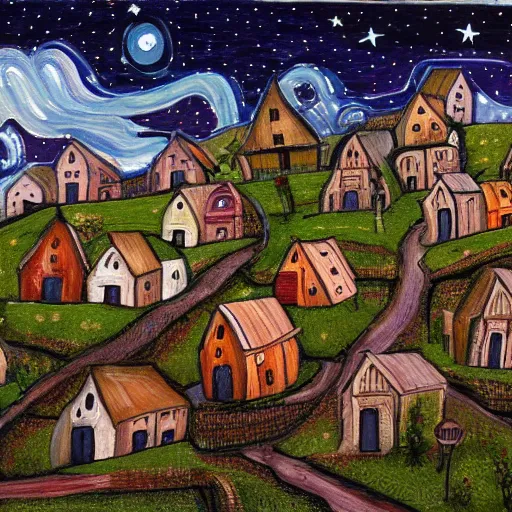 Image similar to a painting of a small village with crooked wooden houses designed by Tim Burton, the village is on a hill, the sky is dark with stars shining through, 4K,