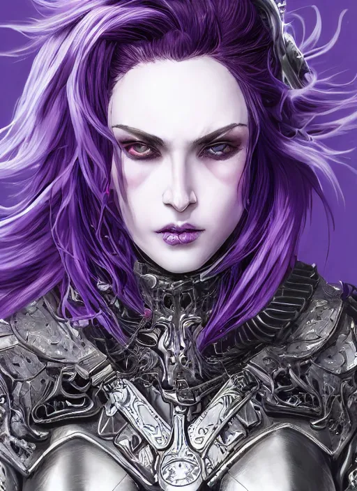 Image similar to close up portrait of a pale woman in leather armor with purple hair, powerful, domineering, stoic, masterful, intense, ultrafine hyperdetailed illustration by kim jung gi, irakli nadar, intricate linework, sharp focus, octopath traveler, yoji shinkawa, highly rendered, detailed, concept art