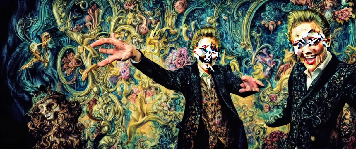 Prompt: neo-surrealist rococo close-up matte painting of old christopher walken pointing and laughing at me hannah yata very dramatic neon lighting 8k wide angle shallow depth of field