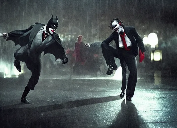 Prompt: Batman and Joker dance together，atmospheric lighting, masterpiece, award winning painting by Emmanuel Lubezki