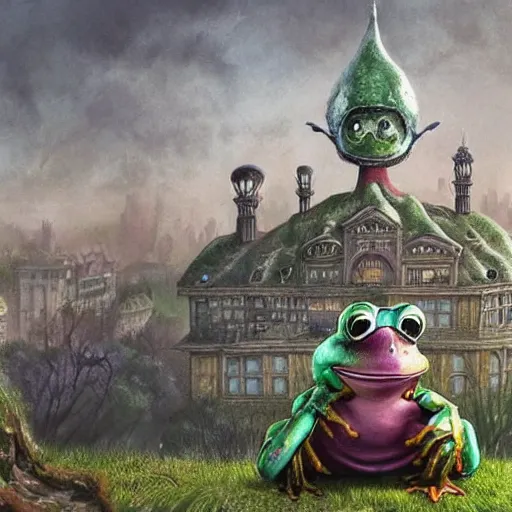 Image similar to A portrait of a scary godlike anthropomorphic frog smoking a cigarette , mushroom mansion in the background . award winning. superb resolution. in the art style of junji Ito and greg rutkowski . Detailed Mushroom city in background. Hyper realistic anime. Perfect art. Dalle2