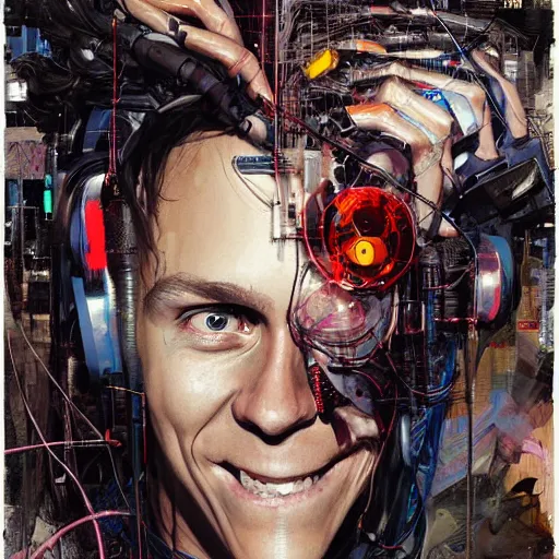 Image similar to zach greinke smiling as a cyberpunk hacker, wires cybernetic implants, in the style of adrian ghenie, esao andrews, jenny saville, surrealism, dark art by james jean, takato yamamoto