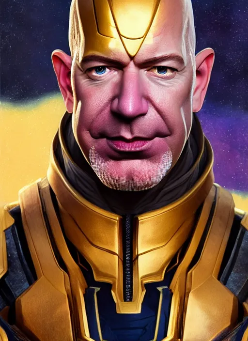 Image similar to portrait of jeff bezos as thanos, au naturel, hyper detailed, digital art, trending in artstation, cinematic lighting, studio quality, smooth render, unreal engine 5 rendered, octane rendered, art style by klimt and nixeu and ian sprigger and wlop and krenz cushart.