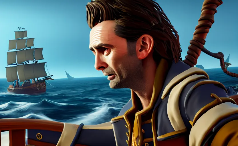 Image similar to david Tennant as a pirate on the ship in the Sea of thieves, long shot, epic composition, ultra detailed,, trending on Artstation, 8k, game screenshot, wallpaper, hyperrealistic