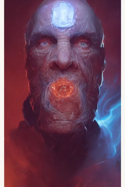 Image similar to the look of an elderly fire person full of wrinkles and imperfections by artgem and greg rutkowski, highly detailed, high contrast, trippy, nebula, trending on artstation