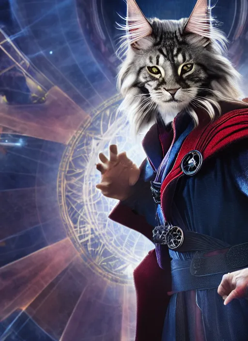 Image similar to film still of a Maine Coon as Doctor Strange in Avengers Endgame, 4k