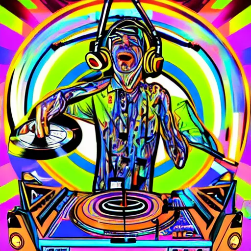 Image similar to svg sticker of a Dancing-Alex-Grey-Psychedelic-Rave-Man, at a rave, spinning records, giant headphones rocking out, wearing headphones, huge speakers, dancing, rave, DJ, spinning records, digital art, amazing composition, rule-of-thirds, award-winning, trending on artstation, featured on deviantart