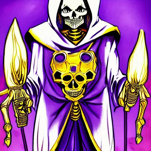 Prompt: a skeleton in a purple robe, golden magical shoulder pads, in a hood, a red magic sphere in the chest, he stands next to the golden throne, manga, anime overlord, hand drawn, proportions, 2d