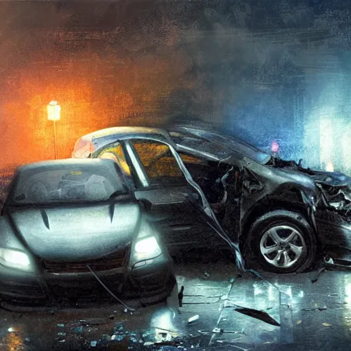 Prompt: concept art of a man investigating a car crash with smart glasses, dramatic lighting, overcast weather, complementary lighting, thomas kincade