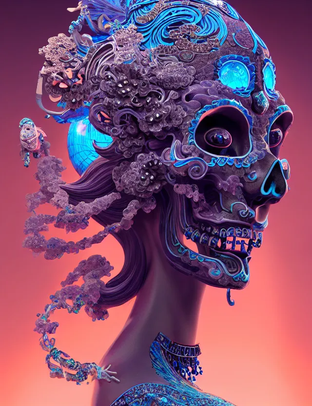 Image similar to 3 d goddess close up profile portrait with skull. beautiful intricately detailed chinese peking opera mask and clasical chinese cheongsam. betta fish, jellyfish phoenix, bio luminescent, plasma, ice, water, wind, creature, artwork by tooth wu and wlop and beeple and greg rutkowski