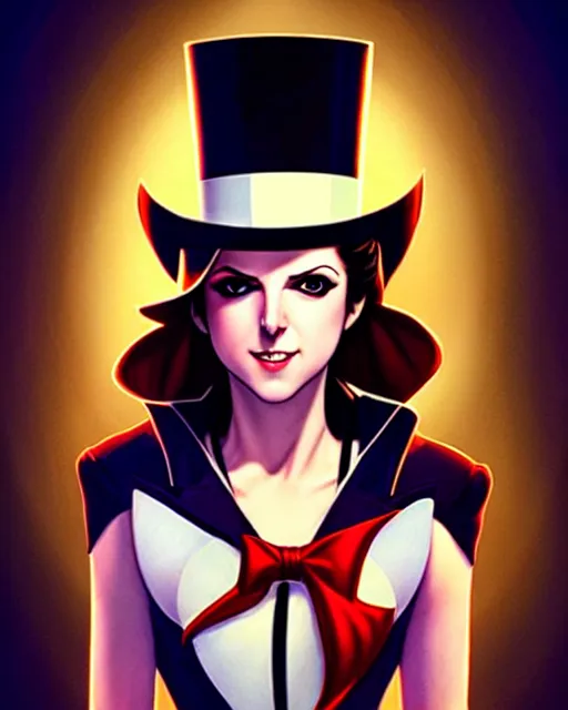 Image similar to beautiful Anna Kendrick Zatanna DC Comics floating on stage, wearing a top hat, symmetrical face symmetrical eyes, smiling, fantasy, intricate details, atmospheric, elegant, concept art, art by artgerm and eiichiro oda, Joshua Middleton art