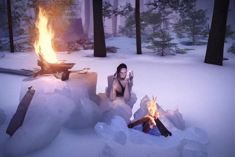 Image similar to a beautiful woman made out of crystal ice sitting by a campfire and slowly melting, by iris van herpen, unreal engine 5, volumetric lighting, path tracing, outdoor campfire pit