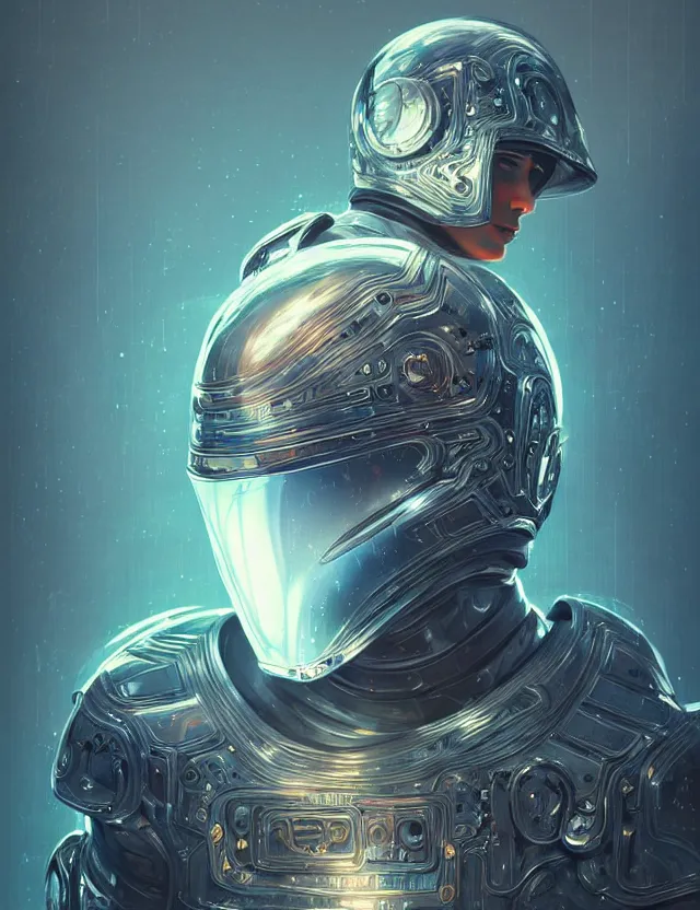 Prompt: futuristic soldier reflective chrome armor super intricate ornaments artwork by tooth wu and wlop and alena aenami and greg rutkows