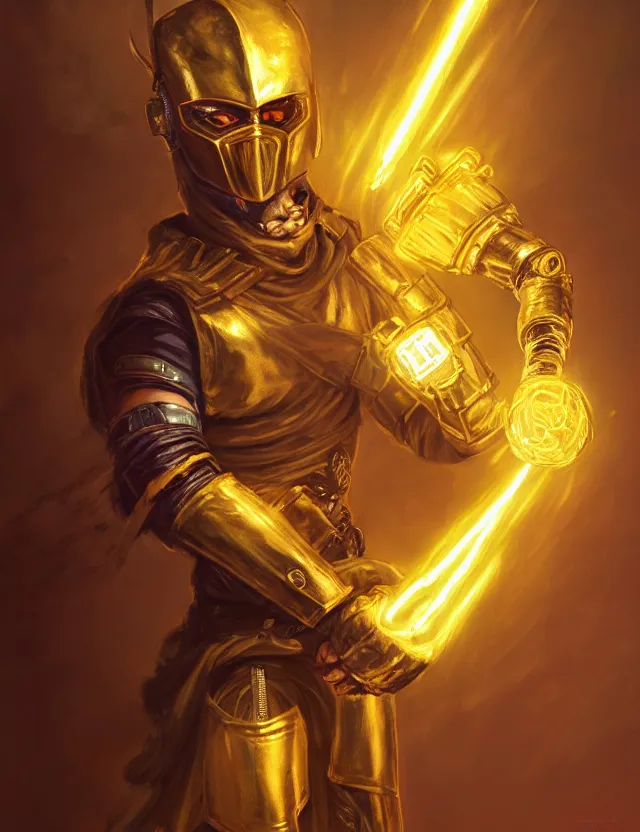 Prompt: a masked cyberpunk warrior in golden armour with a glowing golden gauntlet, surrounded by crackling golden lightning and energy, by frank fazetta and peter mohrbacher, trending on artstation, digital art, 4 k resolution, detailed, high quality, sharp focus, hq artwork, coherent, insane detail, concept art, character concept, character full body portrait