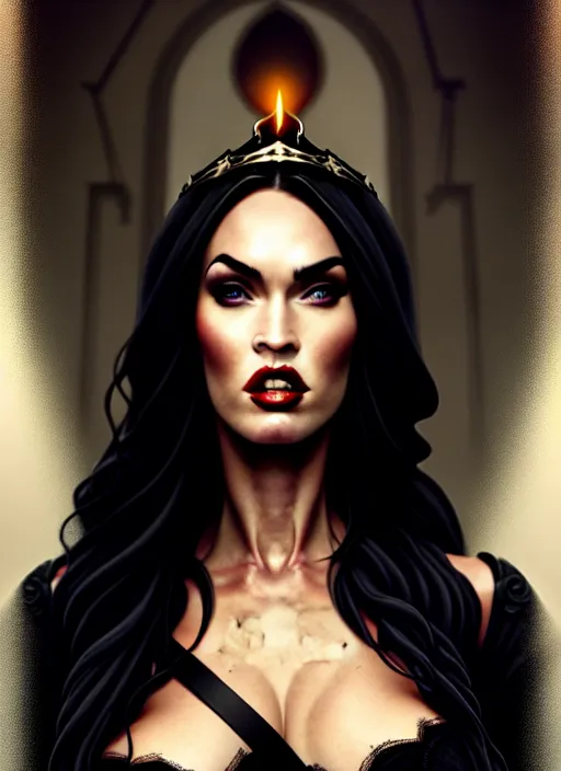 Image similar to megan fox witch queen, black eyes, blood, full body, intricate victorian dress, middle shot, cinematic lighting, studio quality, symmetrical eyes, caravaggio, artgerm, joshua middleton, rafael albuquerque, moody lighting, candles