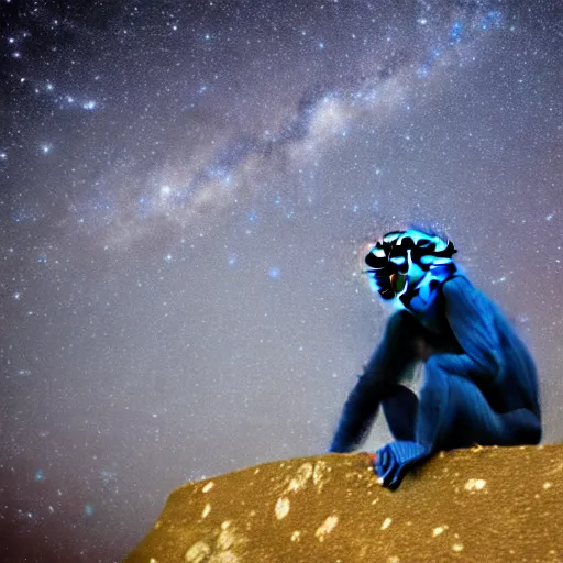 Image similar to a blue chimp is laying on his back, looking at the stars, 4 k, photo, beautiful