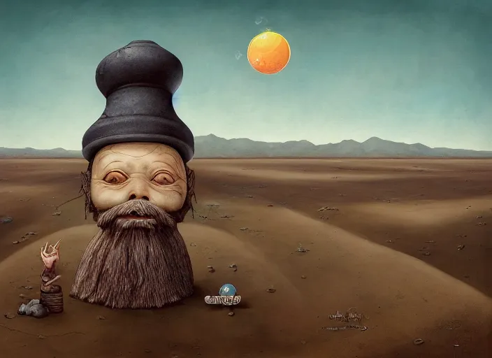 Prompt: a forgotten garden gnome in a vast barren desert, hopeless wasteland background with a relentless raging sun overhead, an ultrafine detailed painting by mark ryden, trending on deviantart, pop surrealism, whimsical, lowbrow, perfect symmetrical face