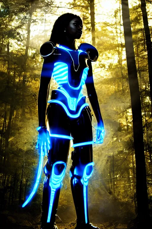 Image similar to hyperrealistic mithra goregous black woman exoskeleton bone armor in a forest sun behind her concept art eric zener elson peter cinematic blue light low angle hd 8k sharp shallow depth of field