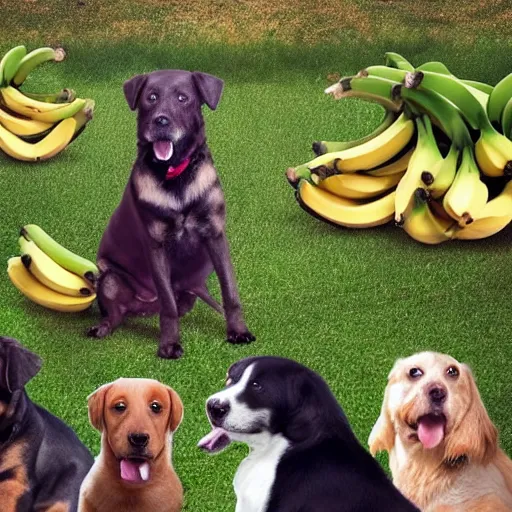 Prompt: a realistic photo of 2 or 3 dogs sitting around a bunch of bananas, looking at them whilst druoling because they're hungry.