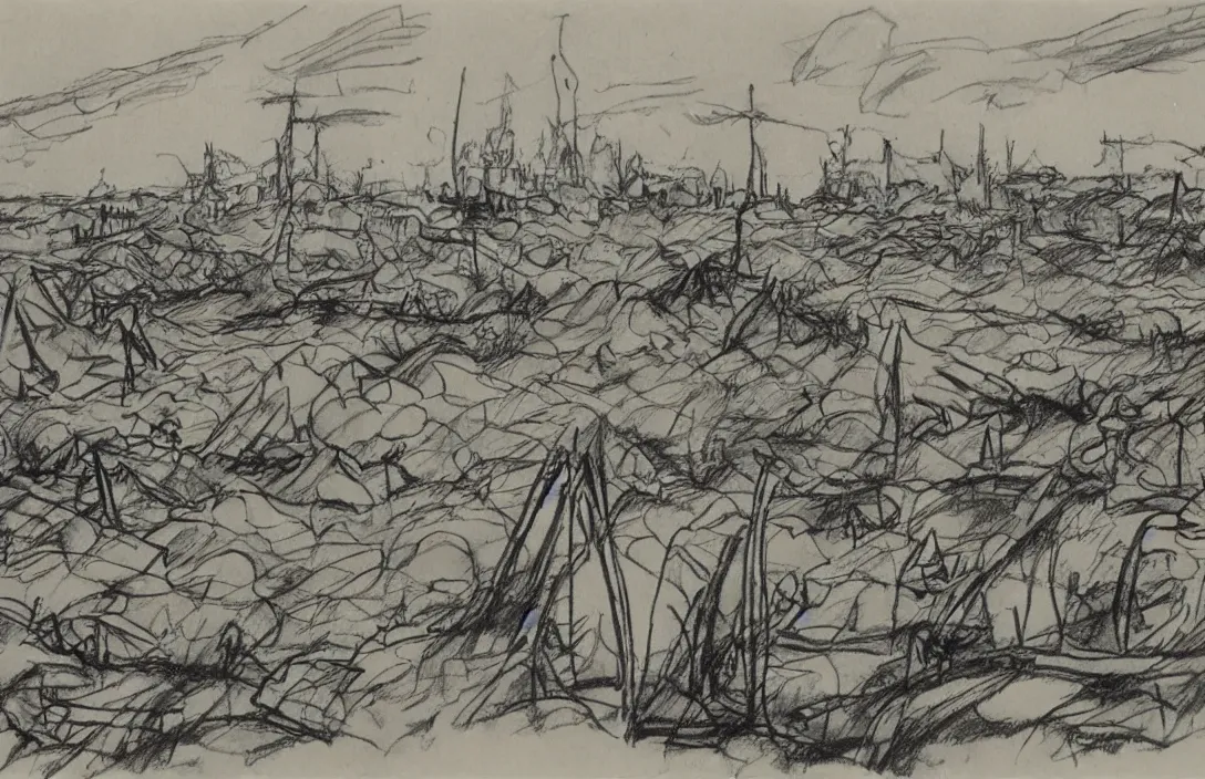 Image similar to milt kahl sketch of world war 1 trenches with the city of miami in the background