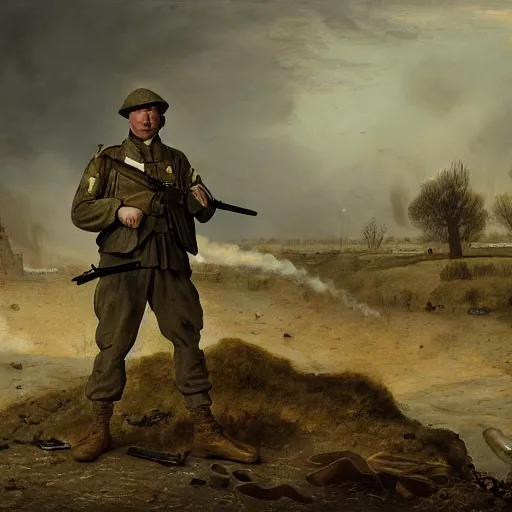 Image similar to scared shell-shocked soldier in uniform, war and explosions in the background, ptsd, world war, hell on earth, no mans land, artwork by Jan van Goyen! and Jacob van Ruisdael and Hendrik Kerstens, artstation, award winning, 4k