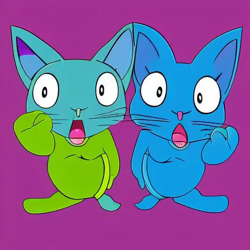 Prompt: a pair of blue cat characters in the style of 9 0 s nickelodeon cartoons, on an interesting adventure