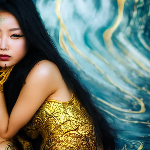 Prompt: asian girl, liquid golden and black fluid, magic hour, dramatic light, liquid painting, golden bodypaint, world best photography, indian patterns, bokeh, golden jewelry filigree