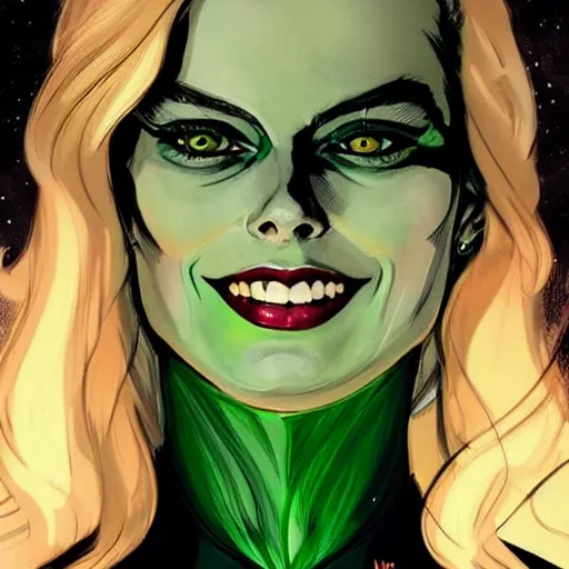 Image similar to Beautiful female witch margot robbie, style of Joshua Middleton comic book art Nick Dragotta comic art, black and green eyes, symmetrical face, symmetrical eyes, scary smile, dark green dress, painterly style