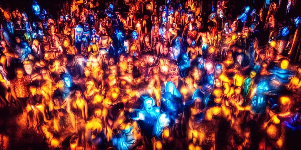 Image similar to love, overlays superposition of groups of people with glowing bodies, from behind, rebirth, wide angle, cinematic atmosphere, elaborate, highly detailed, vivid colors, dramatic lighting