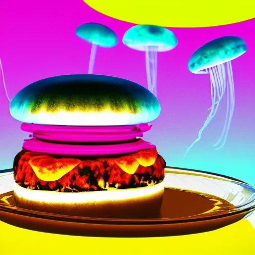 Prompt: hamburger mix jellyfish, cg, 8 k, surrealistic, sharp focus, style by andy warhol