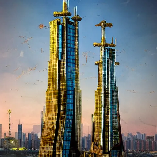 Prompt: Moscow-City skyscapers in the style of steampunk