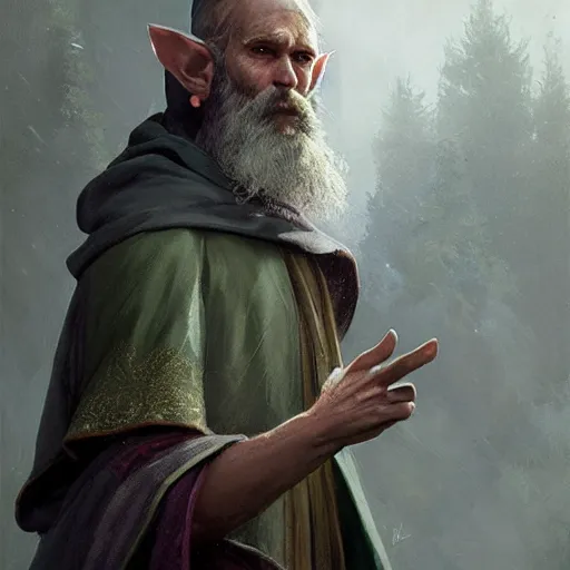 Image similar to Portrait of a middle aged elf, long beard, blue robes with clock iconography, olive skin and a raised fist, detailed face, cinematic lighting, highly detailed, digital art painting by greg rutkowski