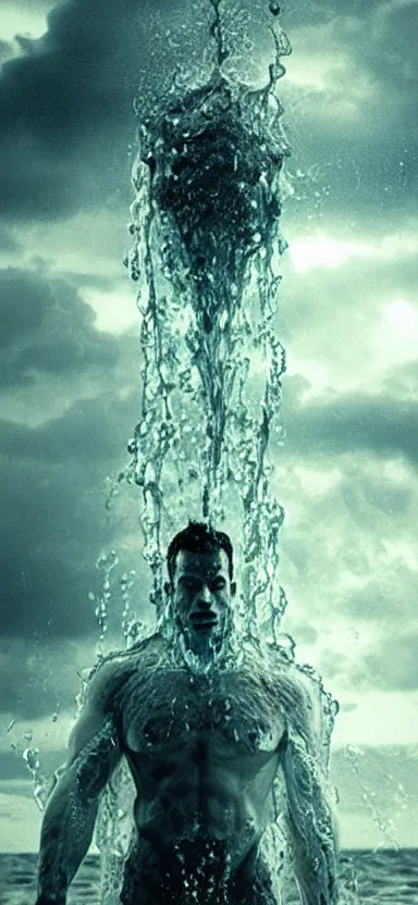 Image similar to colossus made of water, made of liquid, rising up from ocean, water armor, high detail, high contrast, close up portrait, studio lighting, stormy seas, beautiful, bokeh, snowy, storm clouds, god rays, d & d, fantasy, elegant, aquamarine color palette, concept art, roger deakins and greg rutkowski and alphonse mucha