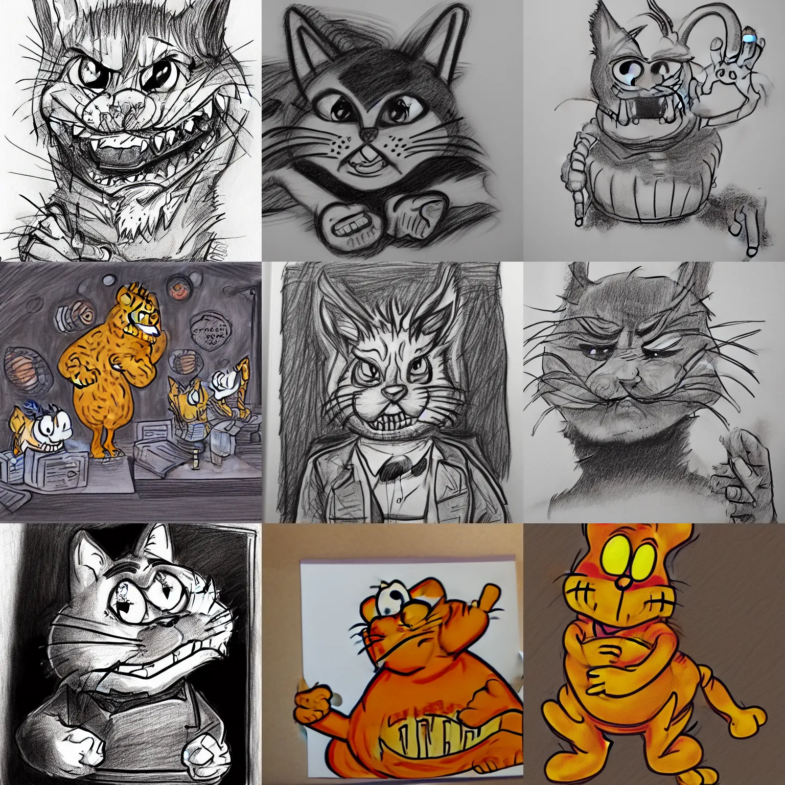 Prompt: horror Garfield pen drawing