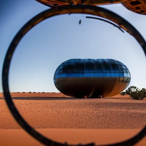 Image similar to mobile drone 3d printer, giant extrusion nozzle printing an earthship house frame in the australian desert, XF IQ4, 150MP, 50mm, F1.4, ISO 200, 1/160s, dawn